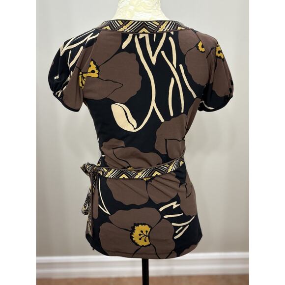 BCBG Y2K Vintage Womens Top Size Medium V Neck Brown Black Short Slv Faux Wrap - Picture 3 of 10